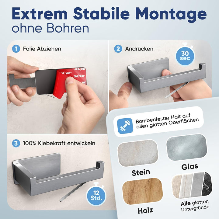 WOHNHELD® Toilettenpapierhalter ohne Bohren [Mit Abroll-Bremse] Edelstahl - Silber & Schwarz - Kloro