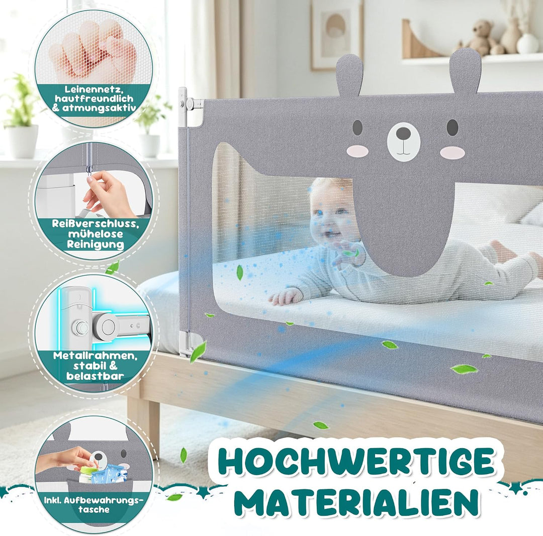 XMTECH Baby Bettgitter 180 cm Bärenmotiv Rausfallschutz, klappbar | Leinenstoff/Metall/Kunststoff; 2