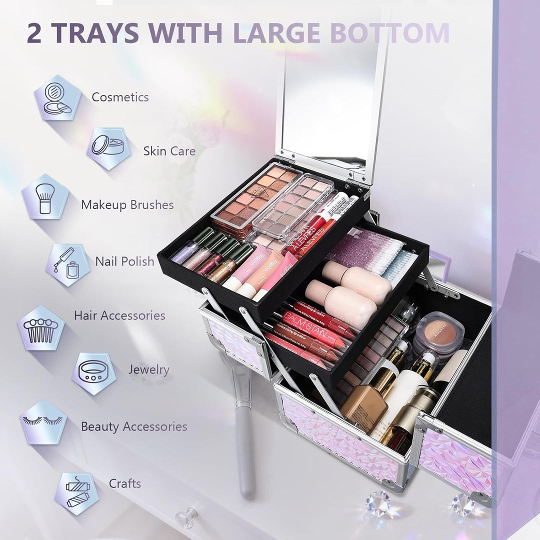 Kosmetikkoffer Schminkkoffer Leer Make up Koffer mit Spiegel Abschliessbare Beauty Case Nagelkoffer