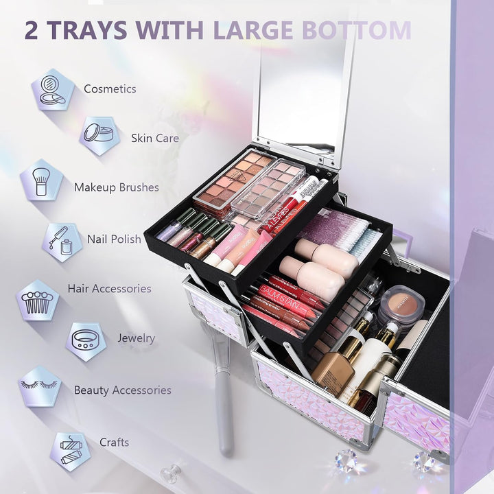 Kosmetikkoffer Schminkkoffer Leer Make up Koffer mit Spiegel Abschliessbare Beauty Case Nagelkoffer