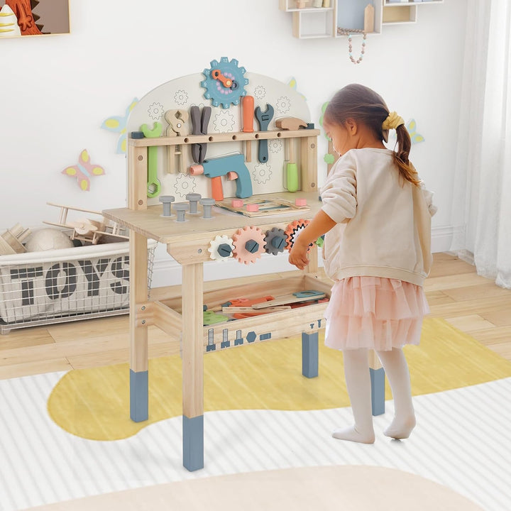 DREAMADE Werkbank Kinder, Werkzeugbank für Kinder aus Holz mit 63 Zubehör, Werkzeug Spielzeug Set mi