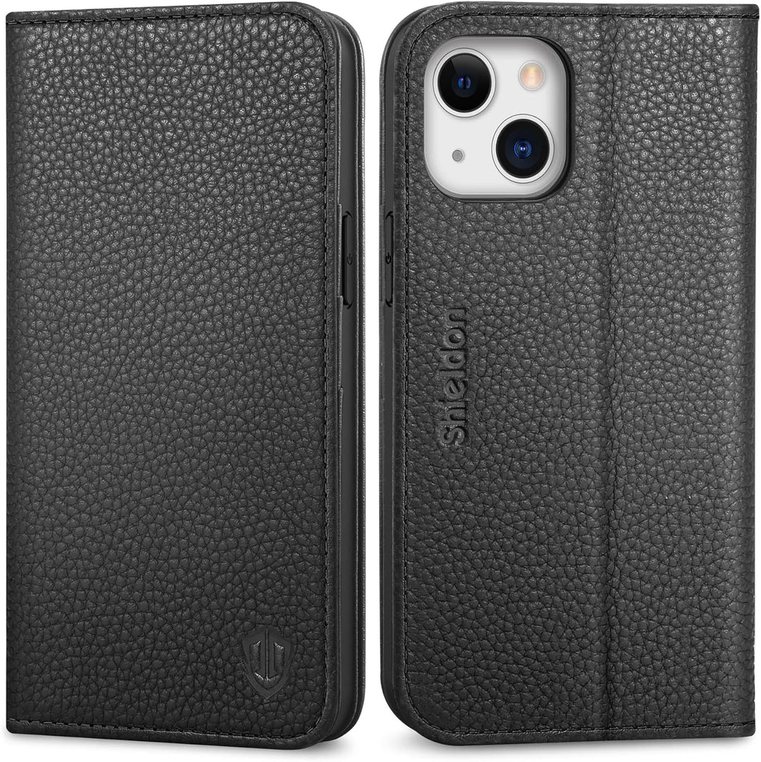 SHIELDON Hülle für iPhone 13 Handyhülle [Litschi Echtleder] [Verdicht TPU] [Kartenfach] [Magnet] [St