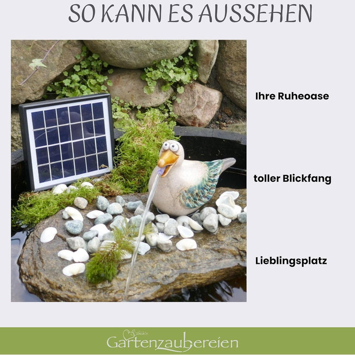 Solar-Wasserspeier Möwe für Teiche und Miniteiche - Keramik Tierfigur mit Solarpumpe - Garten und Ba