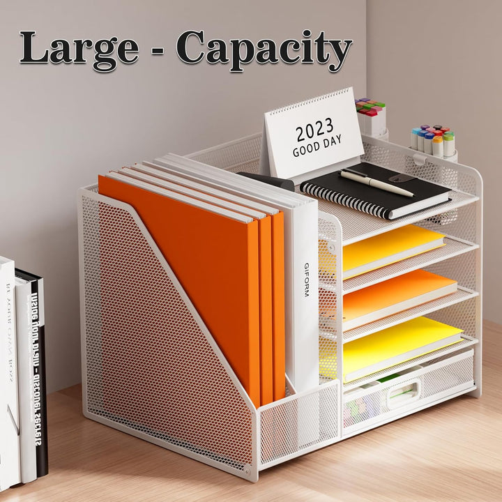 Schreibtisch Organizer mit Aktenhalter, 5-stufiger Papier Organizer mit Schublade und 2 Stifthaltern
