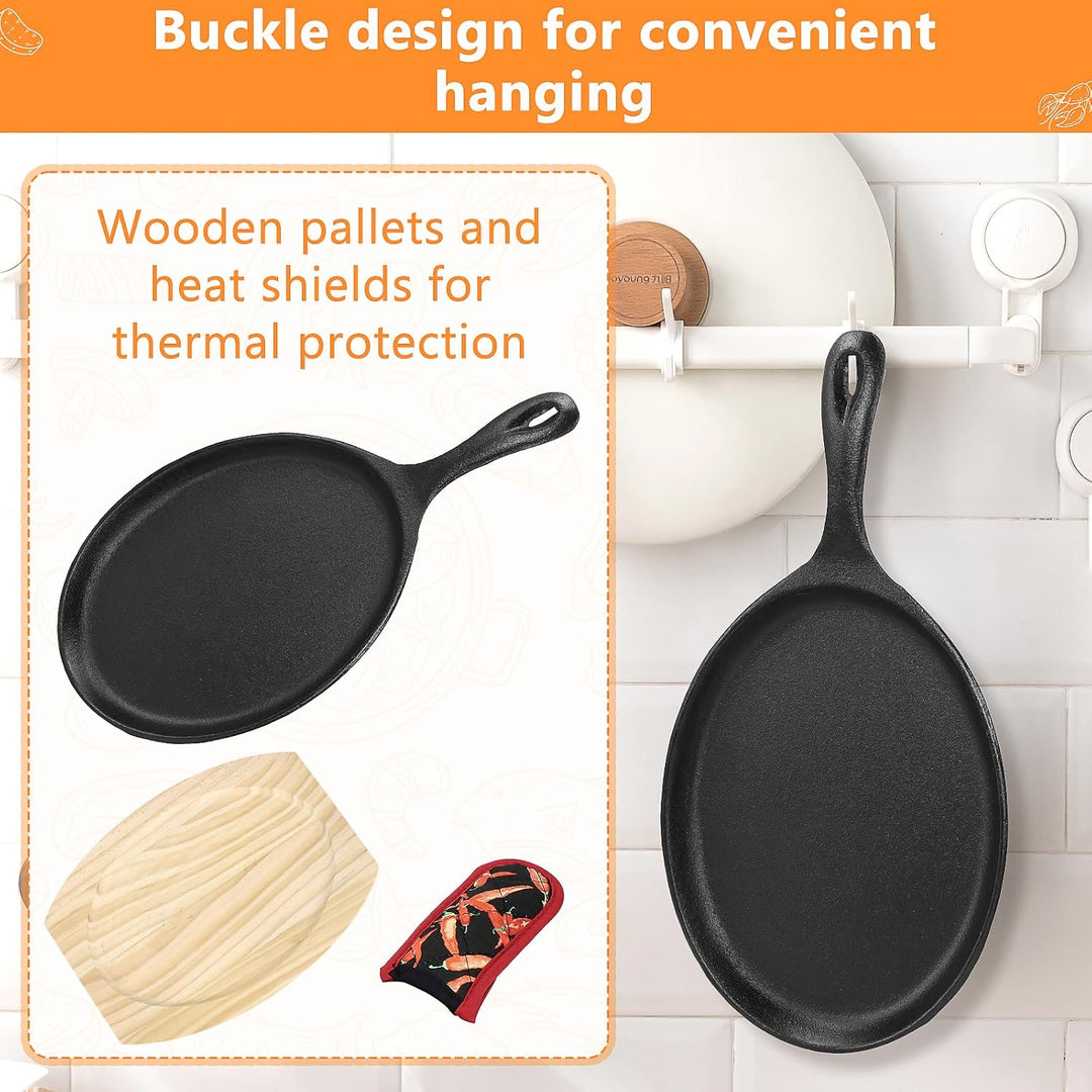 4er Set Servierpfannen Set aus Gusseisen, 37cm Ovale Grillpfanne Gusseisen mit Holzuntersetzern und