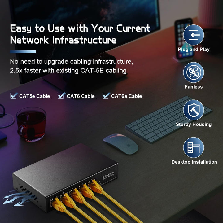 Binardat 5 Port 2.5G Switch, 5 x 2.5 Gigabit RJ-45 Base-T Ports, Unmanaged Multi-Gigabit Desktop Eth