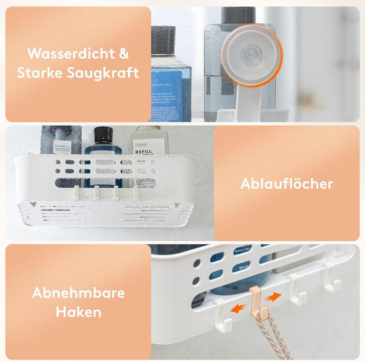 Lifewit Saugnapf Badregal, Duschablage Ohne Bohren, Kunststoff Bad Duschablage mit 4 Haken Duschrega