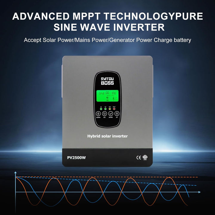 DATOUBOSS 1800W Hybrid Solar Wechselrichter 12V Reiner Sinus, 12V DC auf 230V AC Inverter mit MPPT L