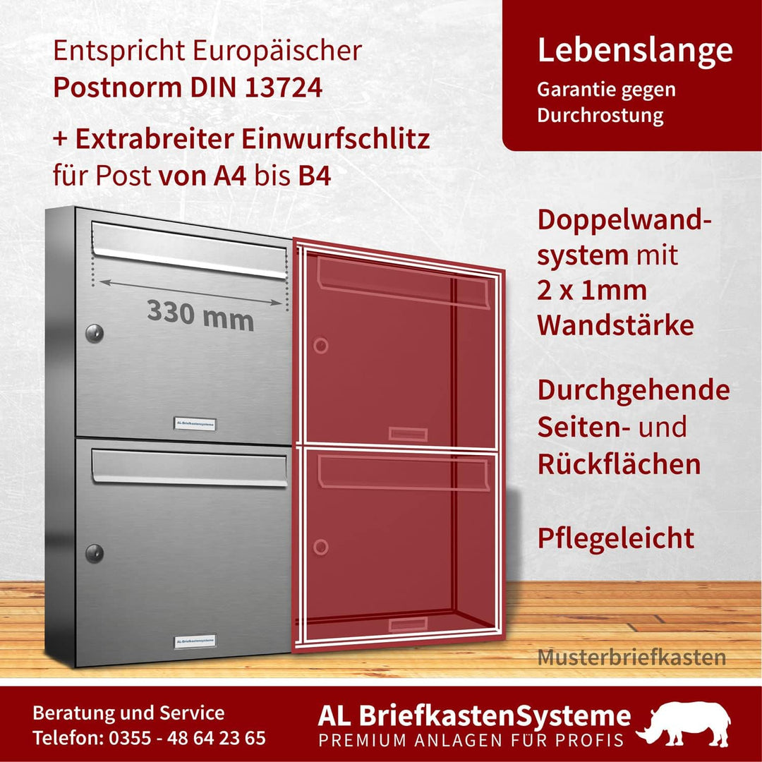 AL Briefkastensysteme 3 er Briefkastenanlage Edelstahl, Premium Briefkasten DIN A4, 3 Fach Postkaste