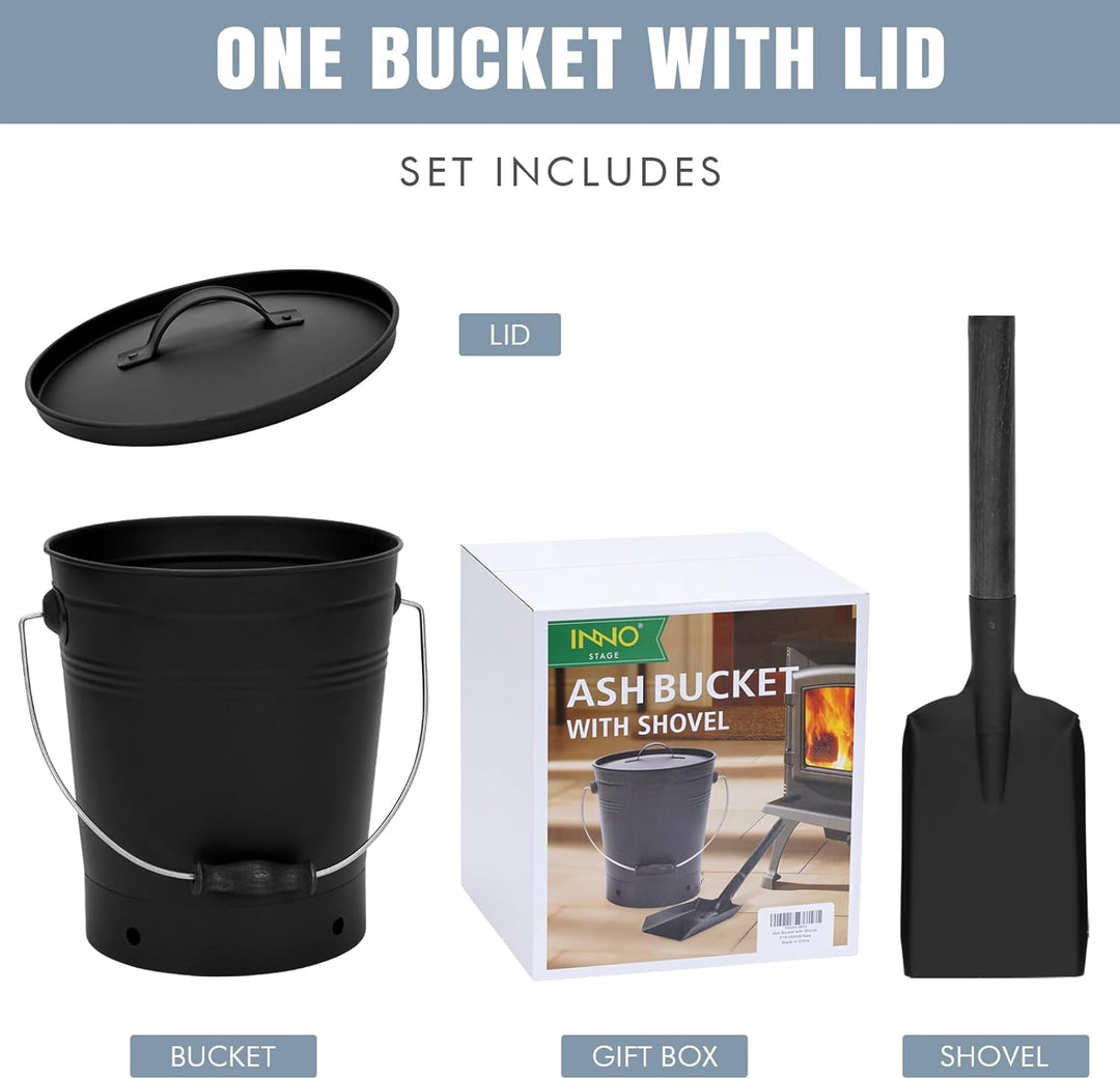 INNO STAGE Ash Eimer mit Deckel und Holzgriff Kohleschaufel, Aschenträger Pail Kamin Werkzeuge, Feue