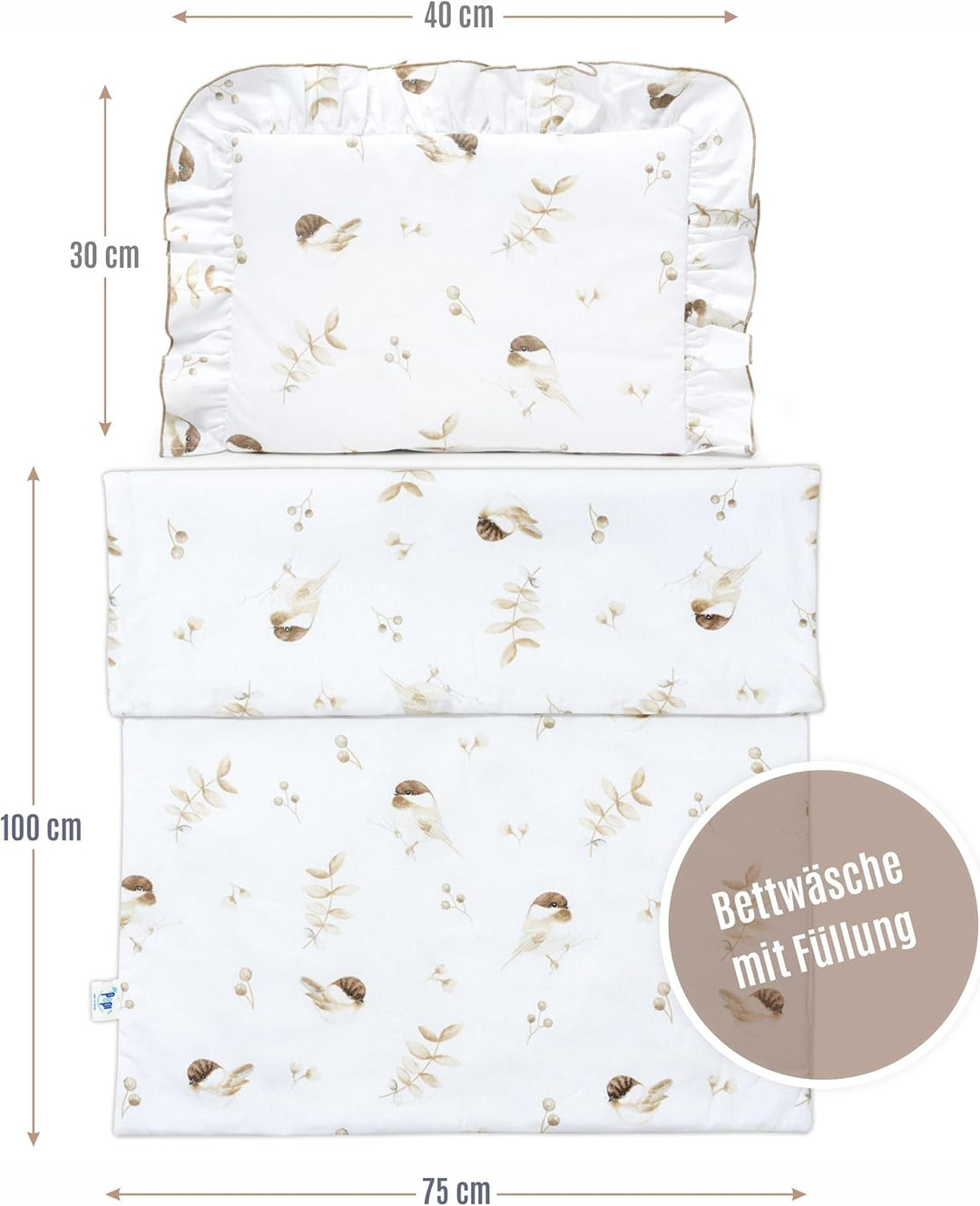 Pepi - Bettwäsche Weiss Rüschen - Kissen 30×40 und Bettdecke mit Füllung 75×100 - Musselin Bettwäsch