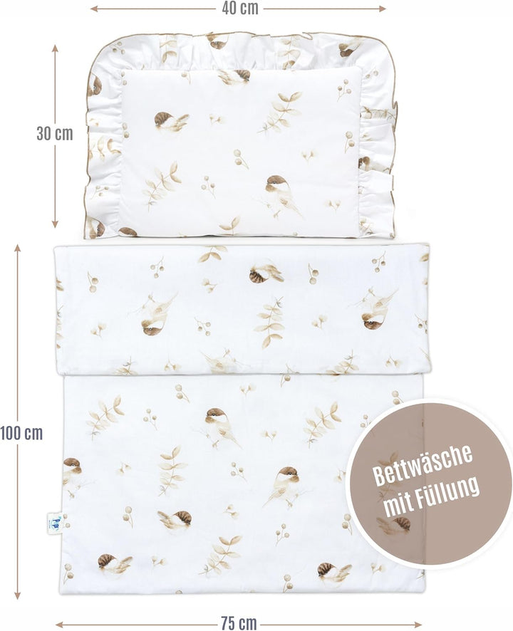 Pepi - Bettwäsche Weiss Rüschen - Kissen 30×40 und Bettdecke mit Füllung 75×100 - Musselin Bettwäsch