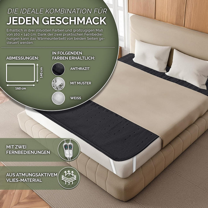 Doppel-Wärmeunterbett 160x140cm mit Abschaltautomatik und 2 Temperaturzonen | Heizdecke mit 3 Temper
