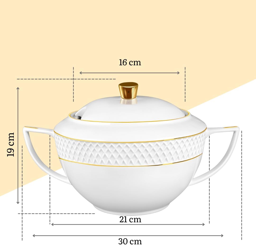 Wilmax - Suppenterrine mit Deckel - 2800ml - Vase aus Porzellan mit Goldmuster - weiss - Hitzebestän