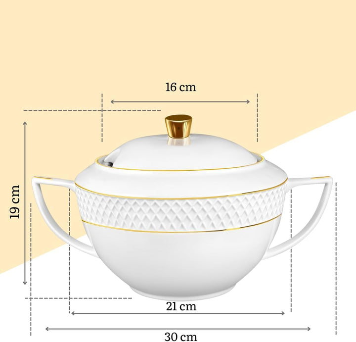 Wilmax - Suppenterrine mit Deckel - 2800ml - Vase aus Porzellan mit Goldmuster - weiss - Hitzebestän