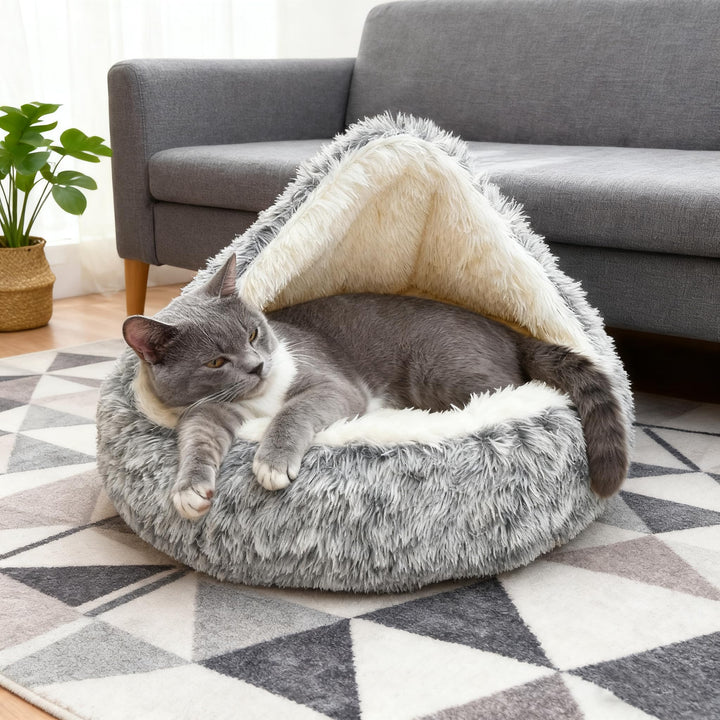 Flauschig Haustierbett Waschbar Katzenbett Hundebett Plüsch Katzenkissen Warm Kuschelbett mit Kapuze