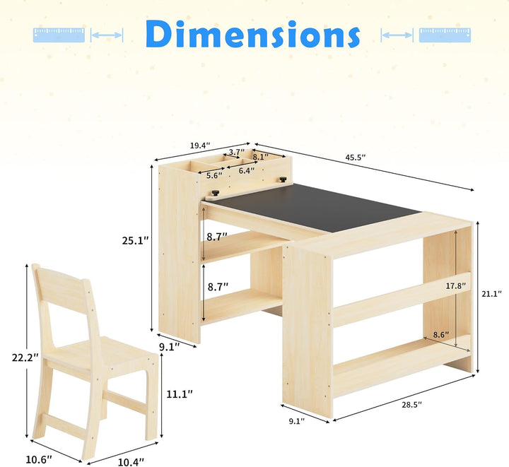 Kinder-Kunsttisch und 1 Stuhl Set, Maltisch mit Malrolle & Aufbewahrung, höhenverstellbarer Holz-Tis