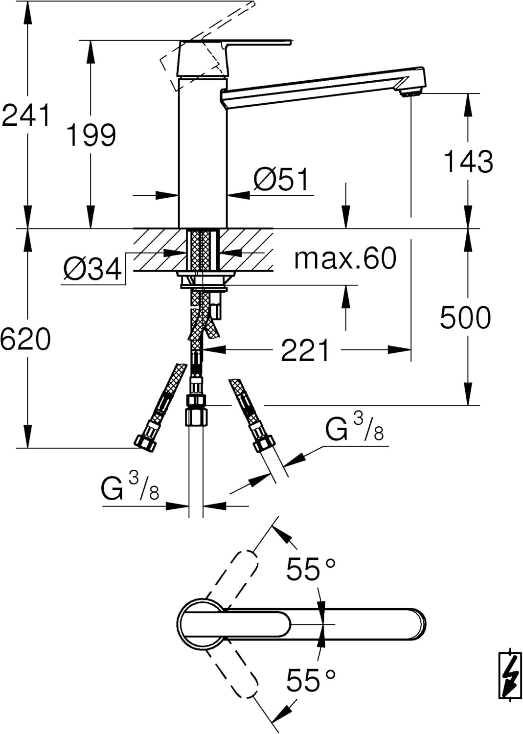 GROHE Get, Niederdruck Küchenarmatur mit flachem Auslauf (Wasserhahn für die Küche, 140° schwenkbar,