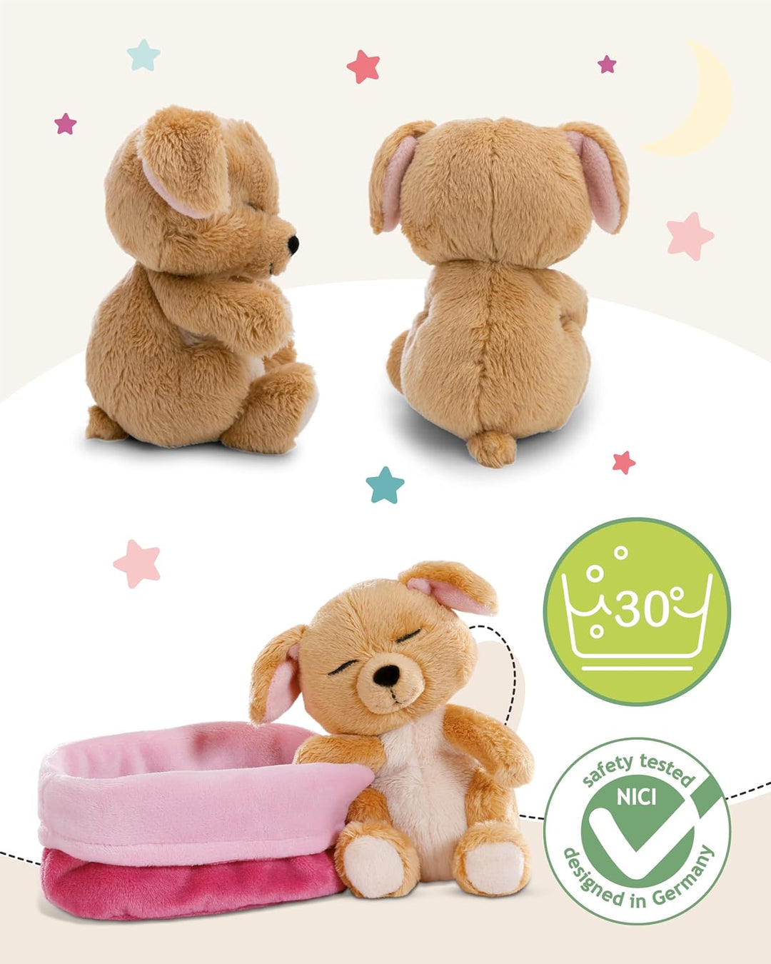 NICI Kuscheltier Hund 12cm schlafend im Körbchen - beige - 63133 | Stofftier aus weichem Plüsch, nie