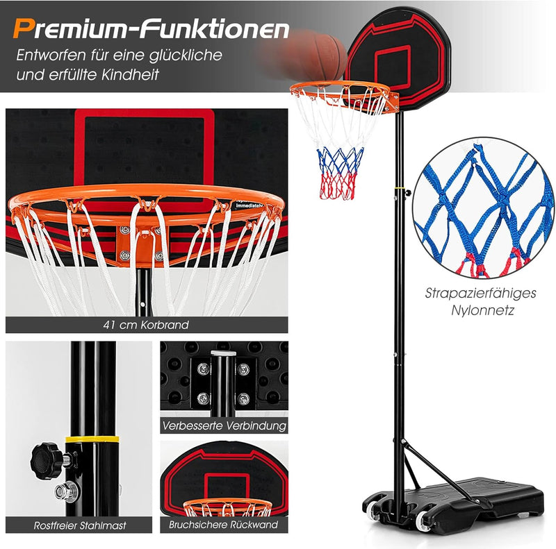 GYMAX Basketballkorb 155-210 cm, Höhenverstellbarer Basketballständer mit Netz & bruchfester Rückwan