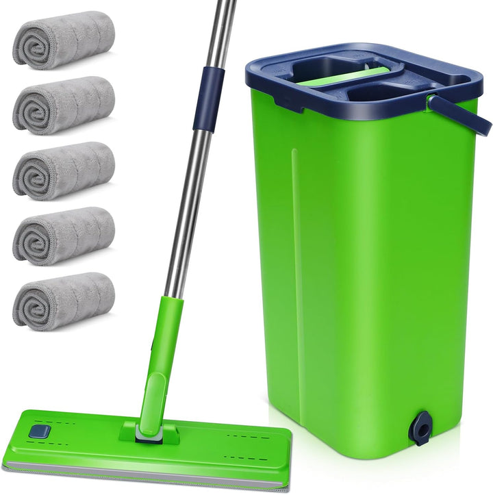 MASTERTOP Wischmopp Set mit Eimer, Bodenwischer und Eimer mit Auswringfunktion, Nass- und Trockenmop