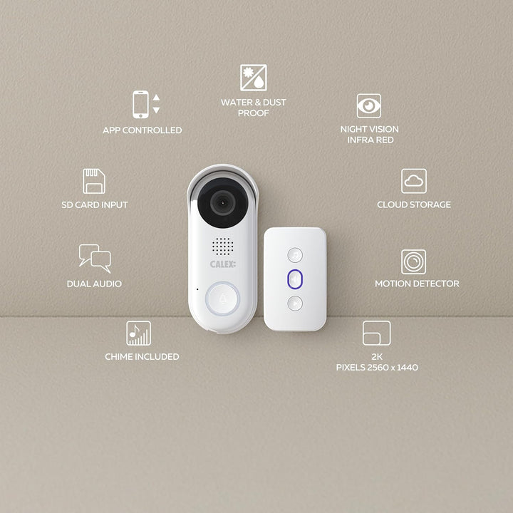 CALEX Smart Security Video-Türklingel, 2K Kamera mit App-Steuerung, Nachtsicht, 2-Wege-Audio, Bewegu