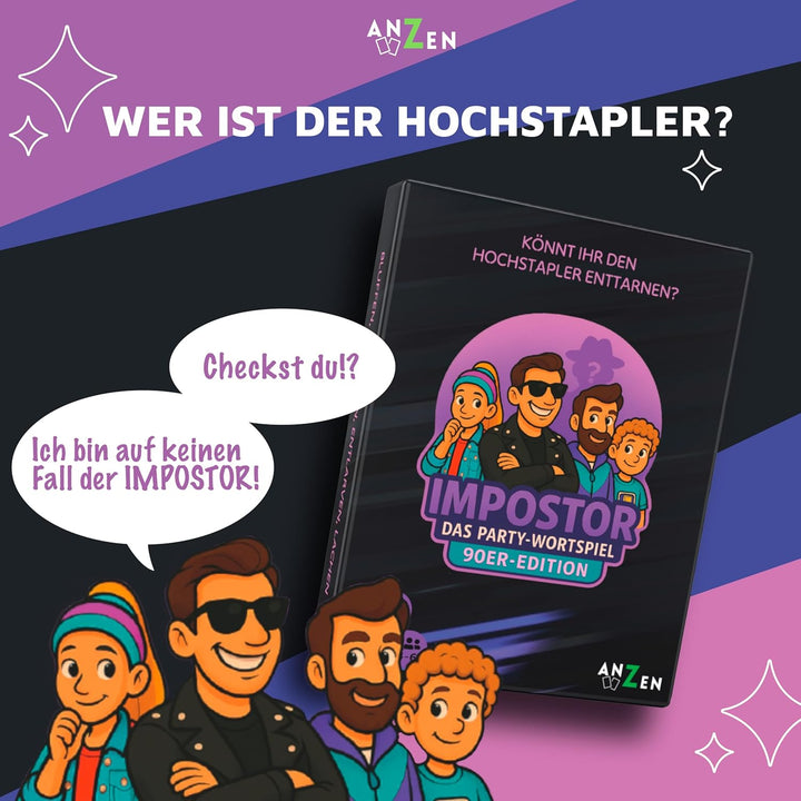Impostor – Das Party Wortspiel 90er Edition inkl. Hilfsbegriffe | Lustiges Gesellschaftsspiel & Kart