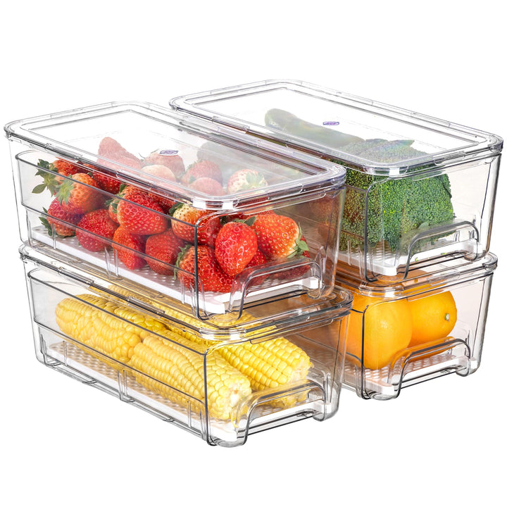 Antimbee 4er-Pack Kühlschrank Organizer Schublade, Stapelbare Organizer Kühlschrank mit Deckel, Aufb