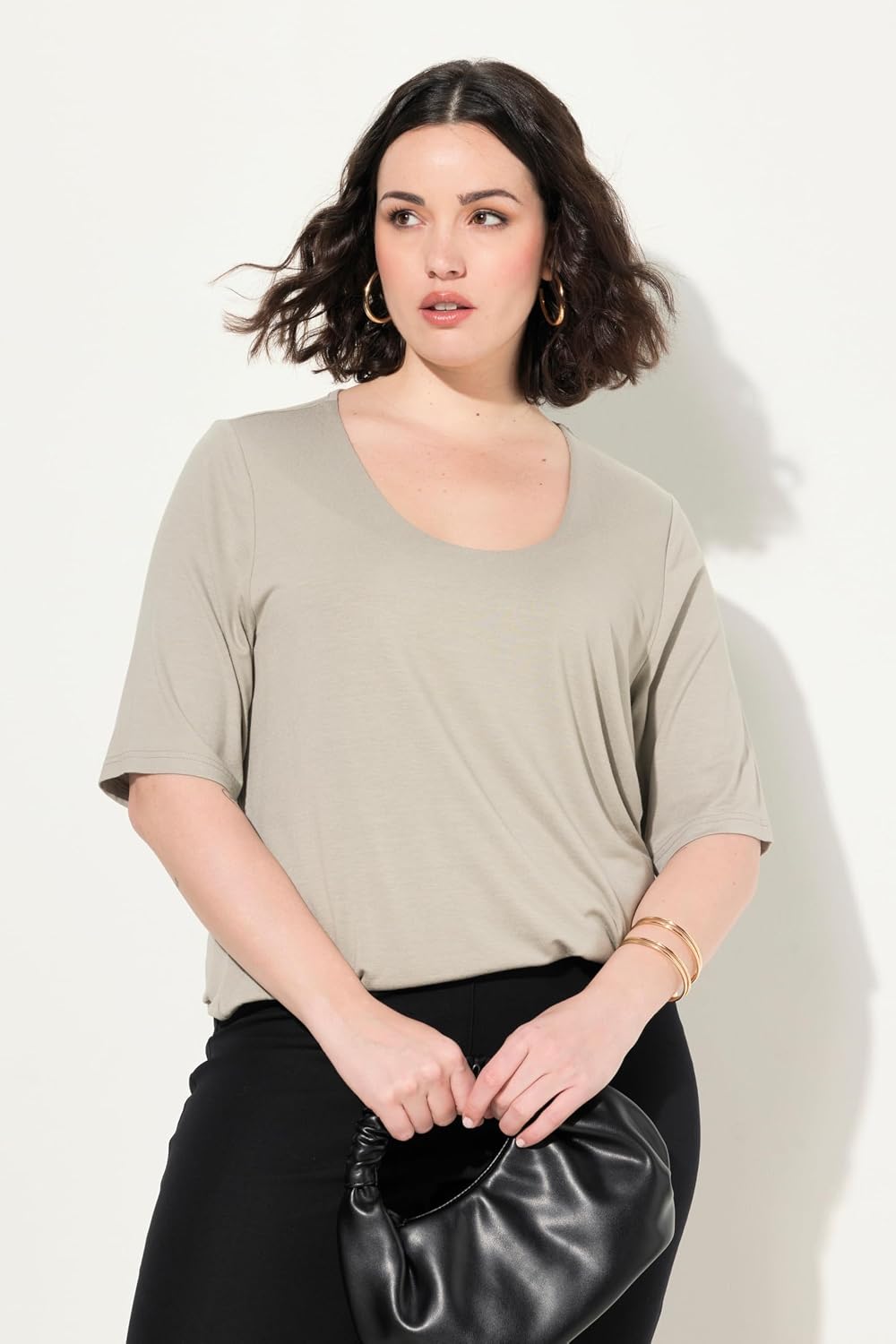 Ulla Popken Damen grosse Grössen Übergrössen Plus Size Shirt 1/2 Arm Doublelayer 820860 42-44 Kitt,