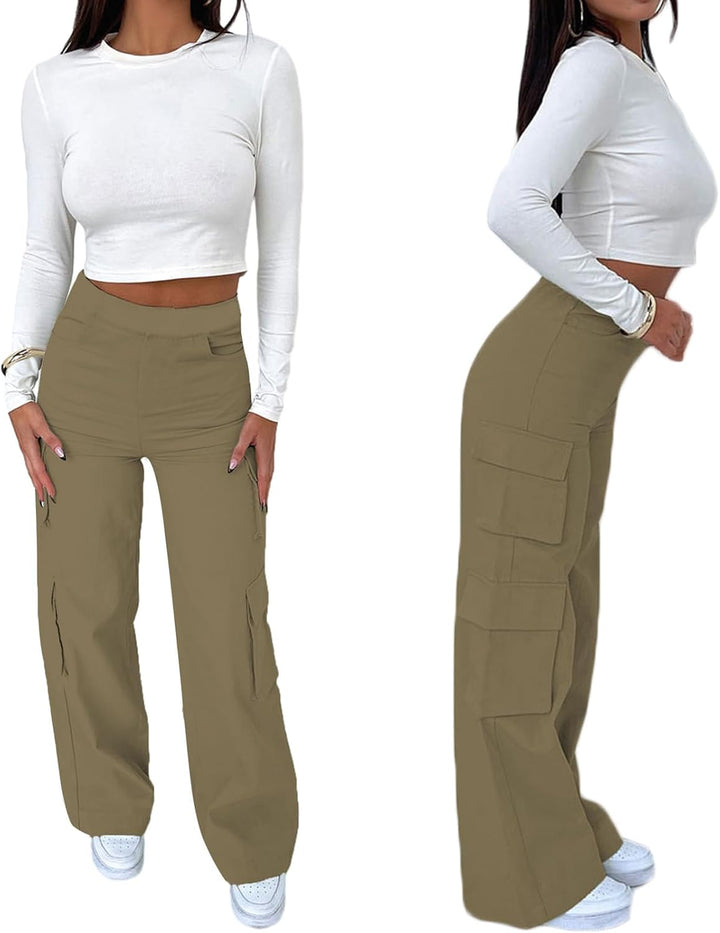 Nuofengkudu Cargohose Damen Weite Hosen Stretch High Waist Cargo Taschen Bootcut Schlaghose Damenhos