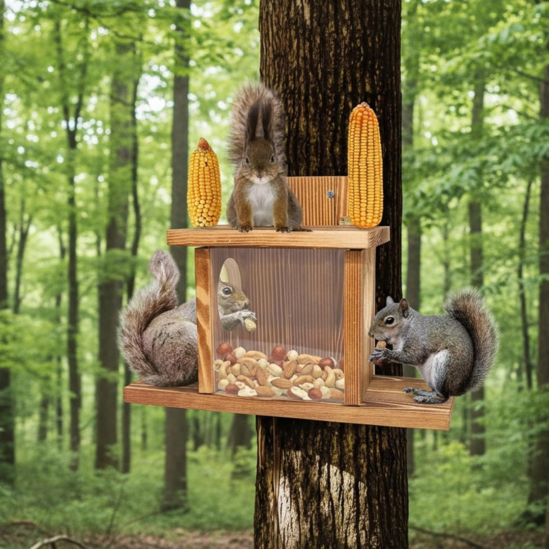 Eichhörnchen-Futterspender für den Aussenbereich, Klappdeckel-Eichhörnchenbox aus Holz mit klarem Fe