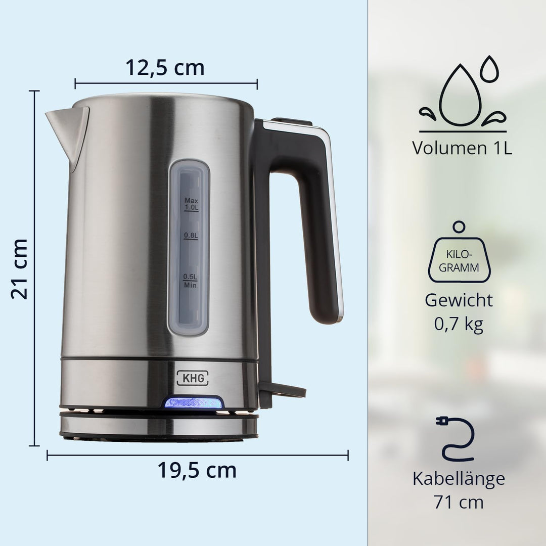 KHG Wasserkocher WK-105 ES Edelstahl | 1l Kapazität | LED | Kalkfilter | Wasserstandsanzeige | Öffne