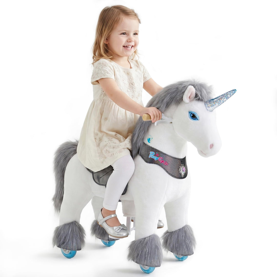 PonyCycle Hochwertig Modell Y Einhorn Spielzeug für Kinder mit Bremse, Graues Einhorn Reitspielzeug