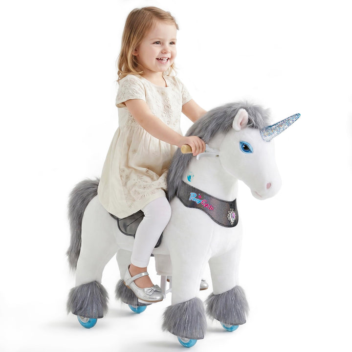PonyCycle Hochwertig Modell Y Einhorn Spielzeug für Kinder mit Bremse, Graues Einhorn Reitspielzeug