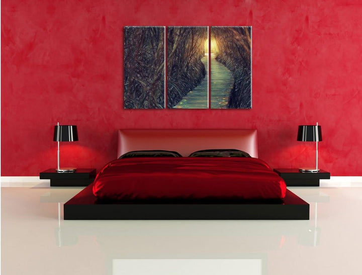 Pixxprint Gehweg im Wald / 3-Teilig/Gesamtmass 120cm Leinwandbild bespannt auf Holzrahmen/Wandbild K