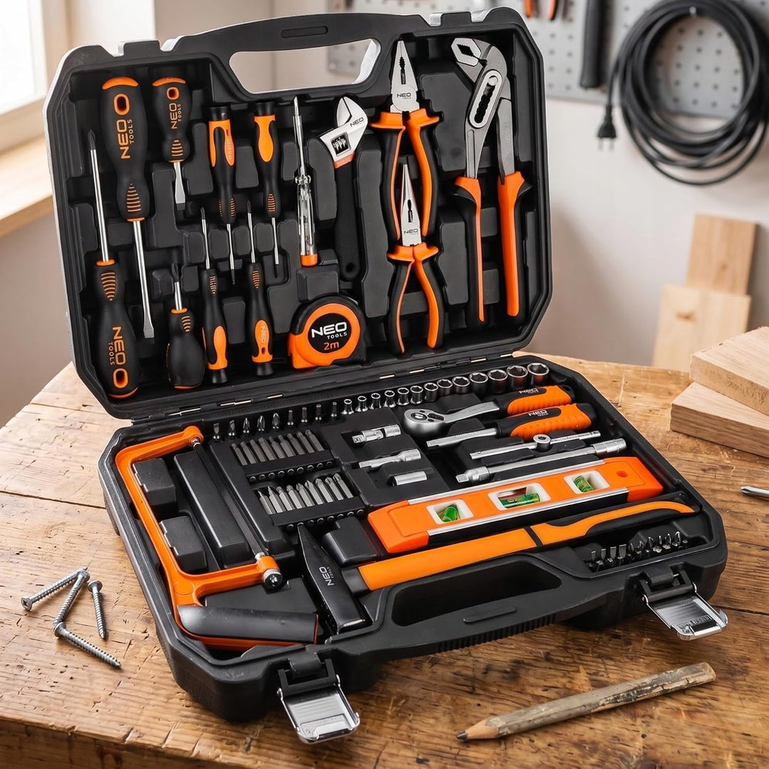 NEO TOOLS Handwerker-Werkzeugsatz, 88 Teile im robusten Koffer | 1/4" Schraubenschlüssel, Inbusschlü