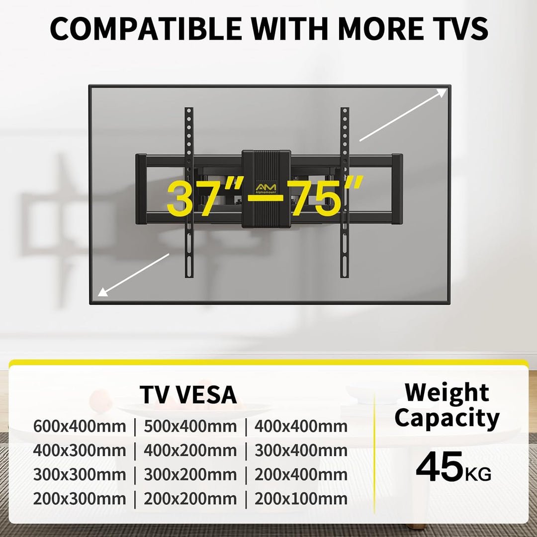 Alphamount TV Wandhalterung Schwenkbar für 37-75 Zoll Fernseher, Neigbar Ausfahren Wandhalterung Fer
