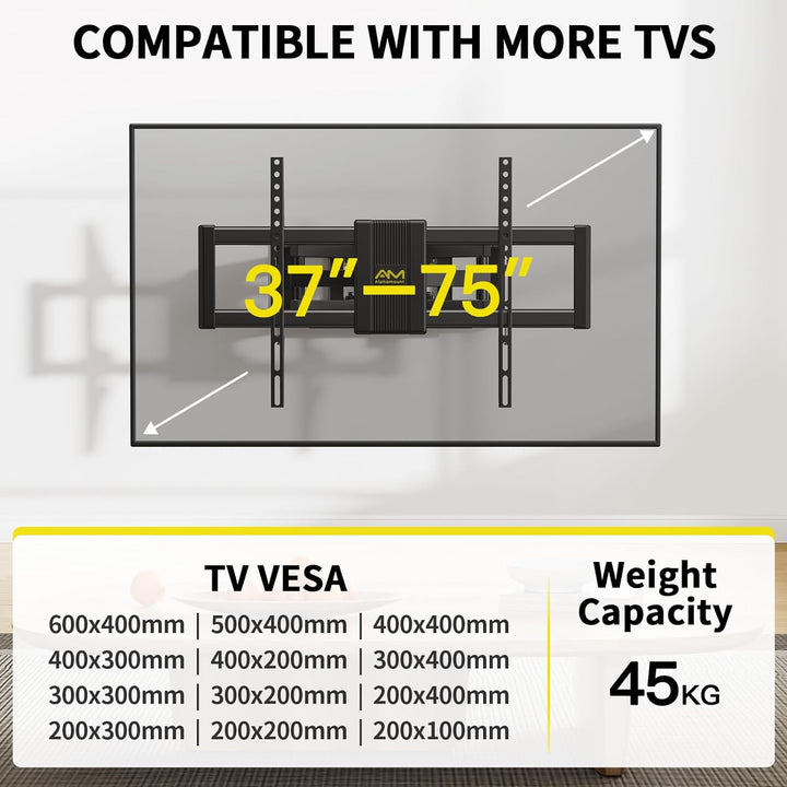 Alphamount TV Wandhalterung Schwenkbar für 37-75 Zoll Fernseher, Neigbar Ausfahren Wandhalterung Fer