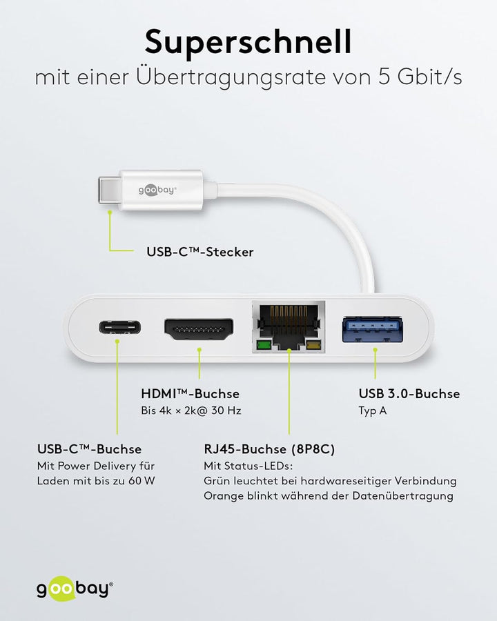 Goobay 62105 USB C Hub Multiport USB Verteiler 60W PD / 4 Port USBC auf 1x HDMI - 1x USB-C - 1x USB-