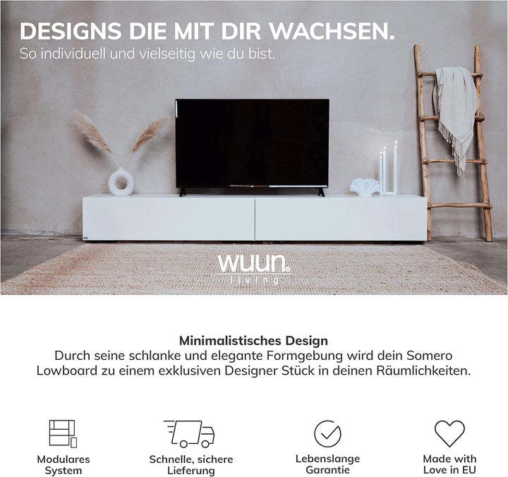 Wuun® TV Lowboard TV Board hängend I 100cm-280cm I Hängeschrank Wohnwand/Somero Weiss-Matt/Beton-Opt