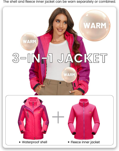 TACVASEN Damen 3 in 1 Skijacke Funktionsjacke Outdoor Warm Winter Übergangsjacke mit Fleecejacke Ros