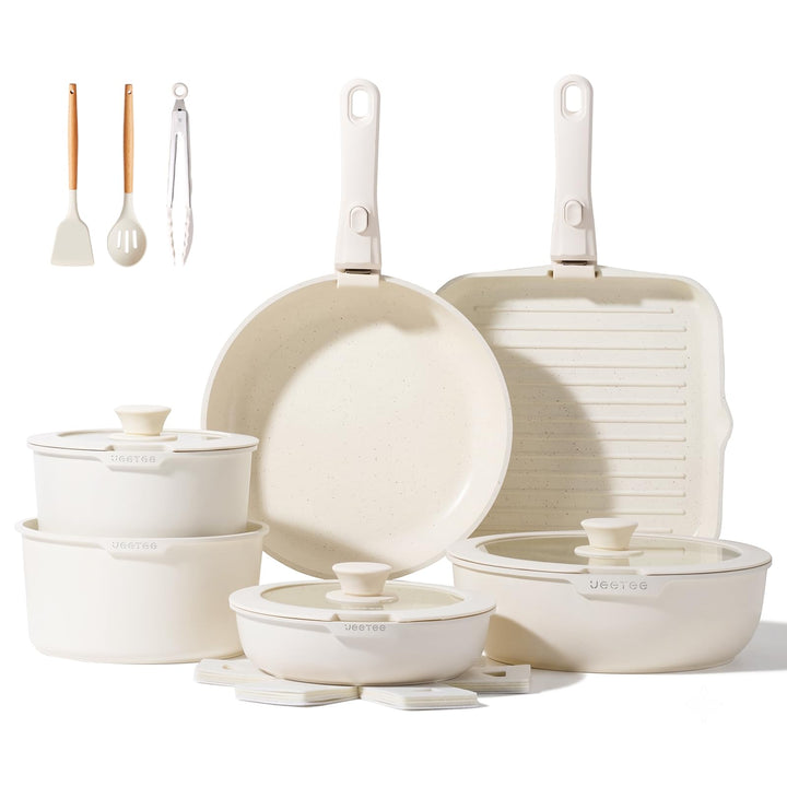 JEETEE Topfset Pfannenset mit abnehmbarem Griffen 25-Teilig, Pfanne 20/26cm, Kochtopf 18/20cm, Tiefe