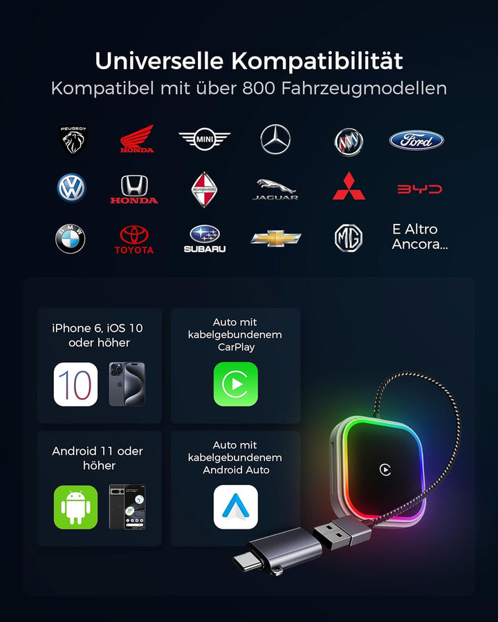 CarPlay und Android Auto Wireless Adapter 2 In 1, V5.3 Bluetooth Stabile Verbindung, Dualband WiFi 6