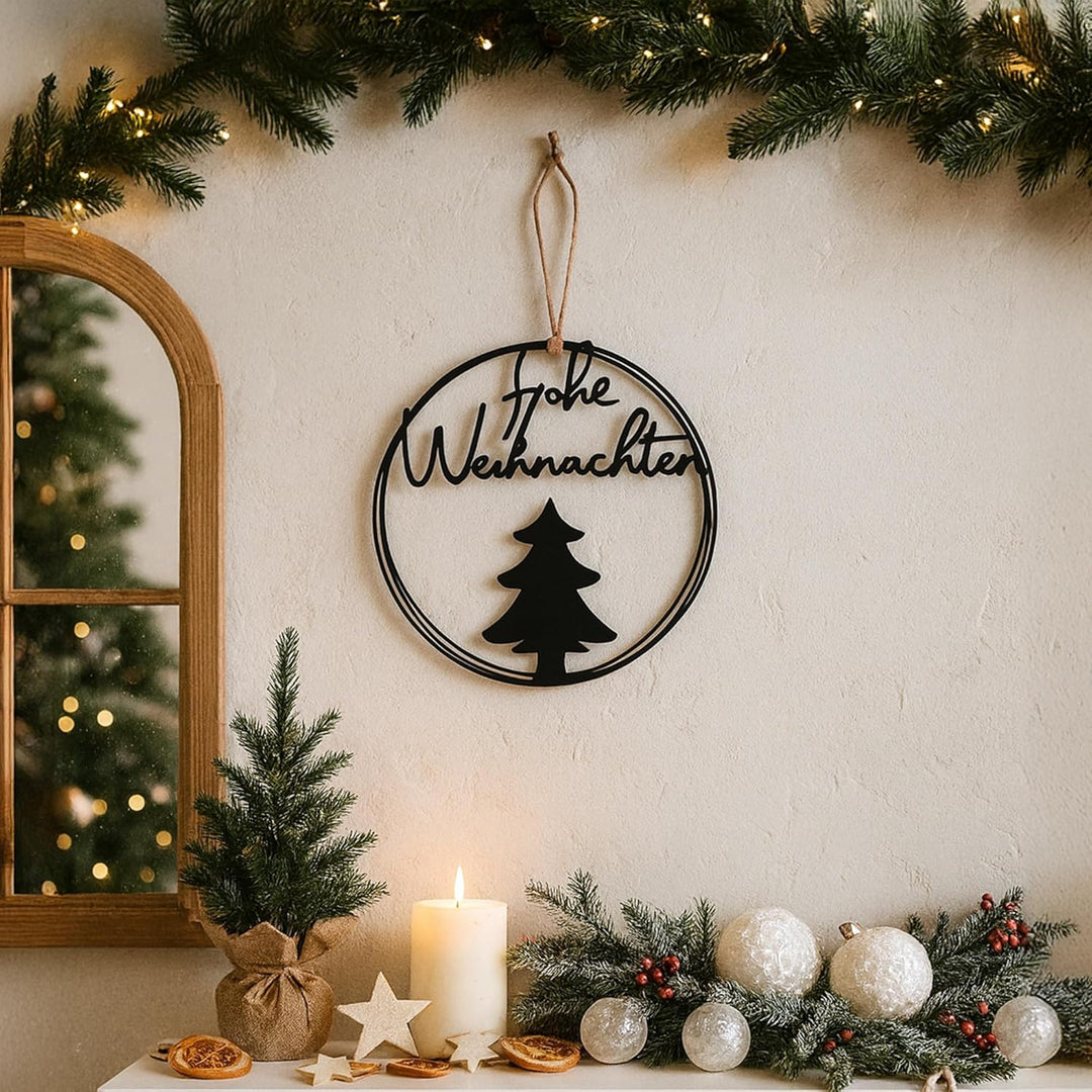 UNUS Aufhänger Frohe Weihnachten rund Ø 25 cm Metall Wanddeko mit Tannenbaum stilvolle Weihnachtsdek