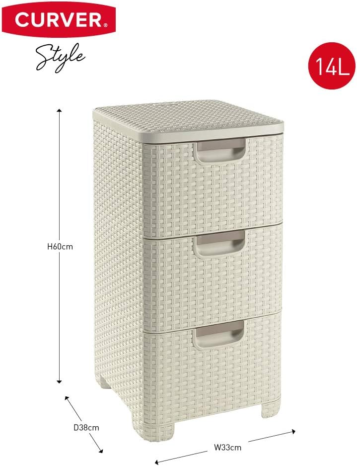 CURVER Rattanoptik 3 x 13,5 Liter Schubladenturm, Plastik, cremig, 33.0x38.0x59.5, Cremig