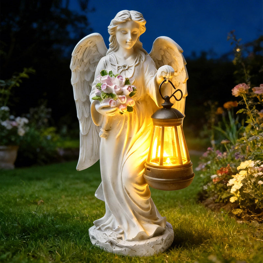GOMETY Solar Engel Gartenstatuen, Schutzengel-Figur mit LED Solar Laterne, Grablicht Outdoor-Deko, E