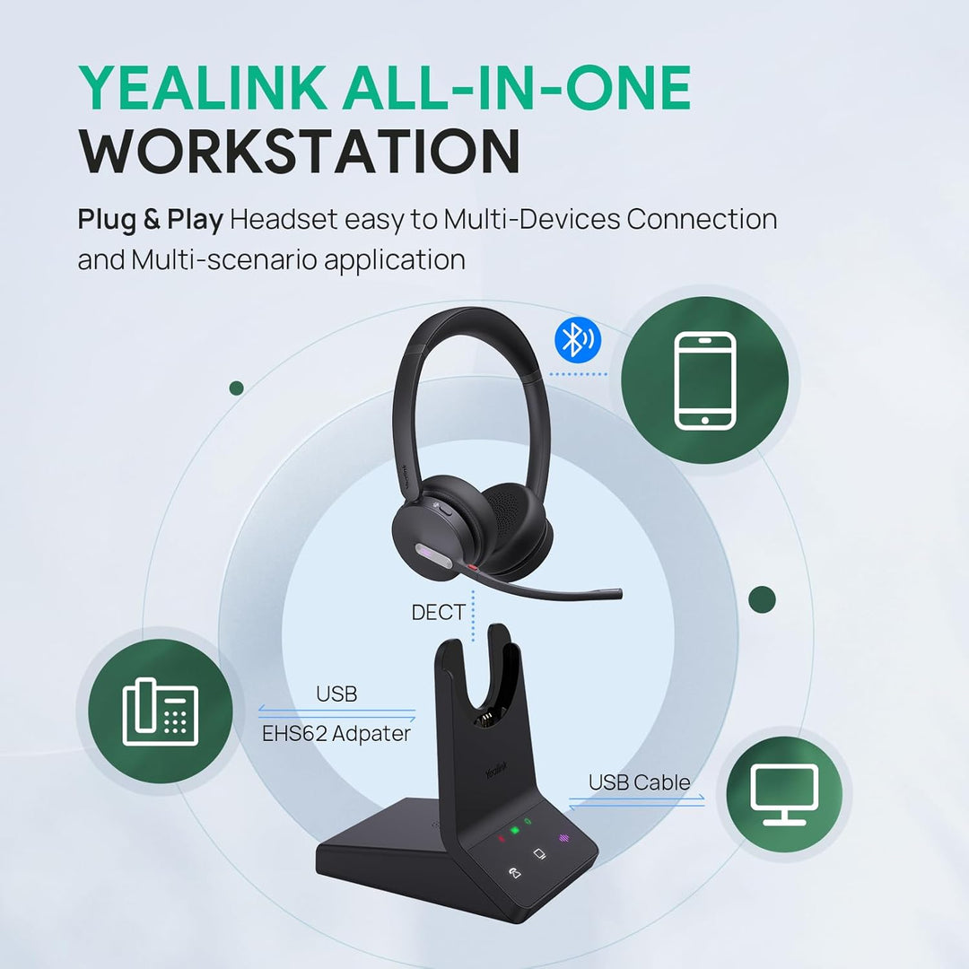 Yealink WH64 Wireless Headset mit Mikrofon,185 m Reichweite DECT &amp; Bluetooth Dual Modus Kabelloses H