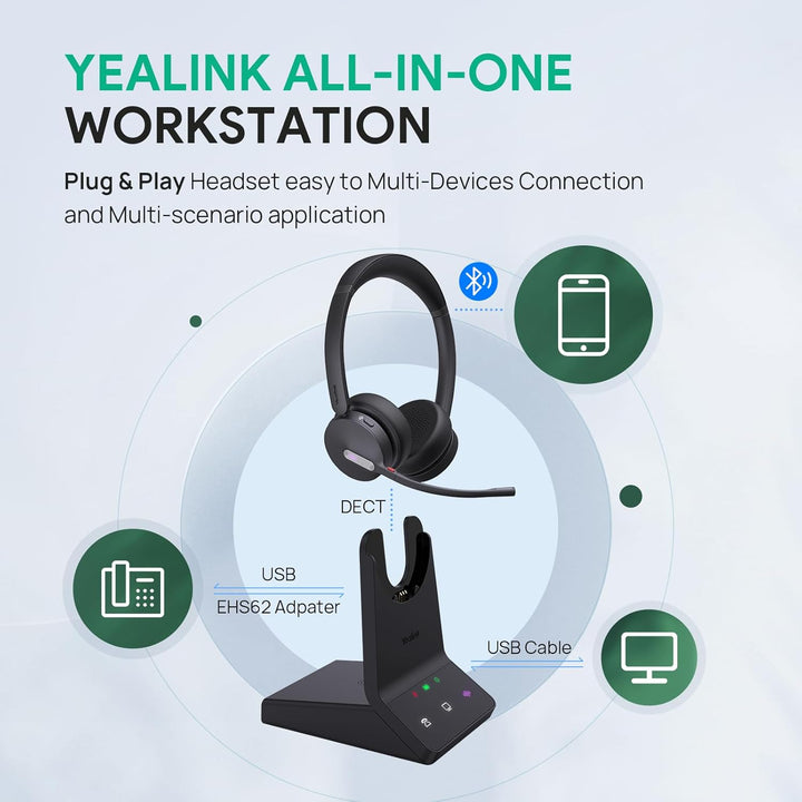 Yealink WH64 Wireless Headset mit Mikrofon,185 m Reichweite DECT &amp; Bluetooth Dual Modus Kabelloses H
