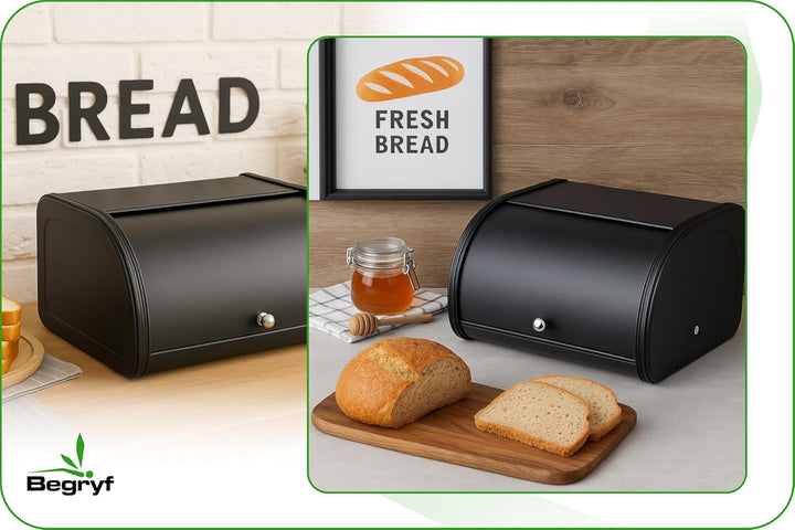 Rollbrotkasten 31,5 cm, schwarzer Brotkasten aus Metall für Brot und Brötchen, kompakte Brotbox für