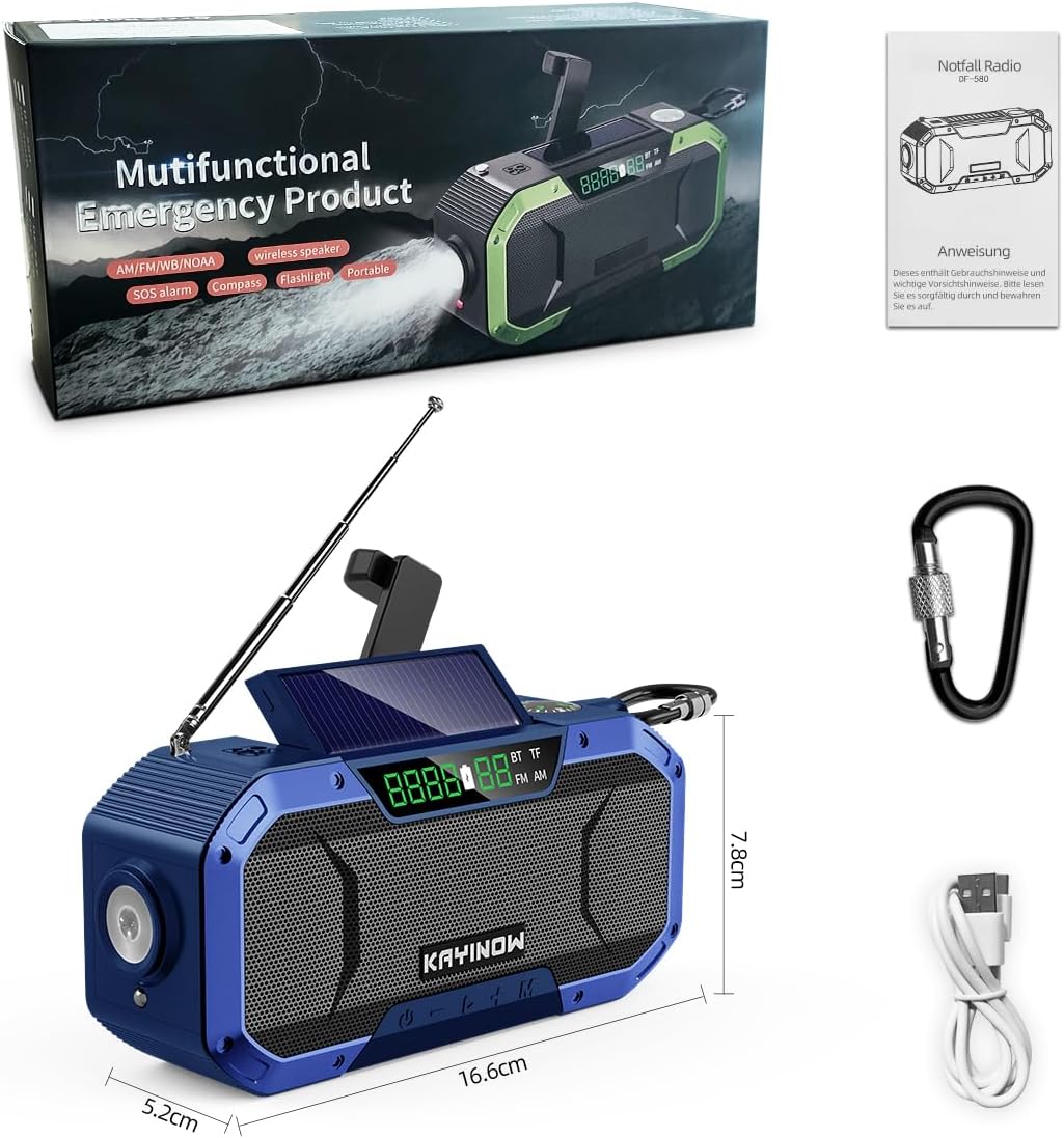 KAYINOW Solar Kurbelradio-Bluetooth Lautsprecher HandyLadefunktion, IPX5 wasserdichtes tragbare klei